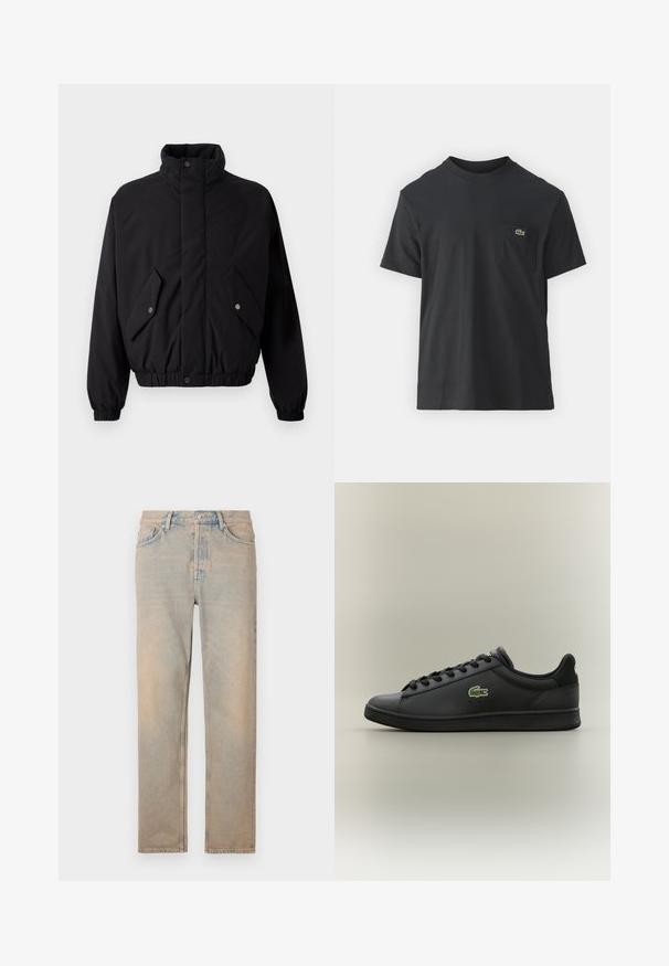 Svart, polstret jakke med høy krage, trykknapper, elastiske mansjetter og to frontlommer. Har et diskret logo på brystet.; Svart bomull t-skjorte med korte ermer, rund hals og en liten grønn logo på venstre brystlomme. Enkelt design, normal passform.; Lys beige denim jeans med rett snitt. Har fem lommer, knappeåpning og subtil falming langs stoffoverflaten.; Sorte lavoyer skinnesko med svarte snørebånd og en grønn krokodillelogo på siden, plassert mot en enkel nøytral bakgrunn.