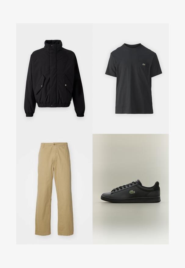 Casaco preto acolchoado com colarinho alto, botões de pressão, punhos elásticos e dois bolsos frontais. Apresenta um logótipo discreto no peito.; Camiseta de algodão preta com mangas curtas, decote redondo e um pequeno logo verde no bolso do peito esquerdo. Design simples, corte regular.; Calças de algodão cáqui com um corte reto, apresentando um fecho frontal por botão e bolsos laterais. Textura suave e resistente.; Sapatilha de couro preta de cano baixo com atacadores pretos, apresentando um logótipo de crocodilo verde na lateral, colocada sobre um fundo neutro simples.