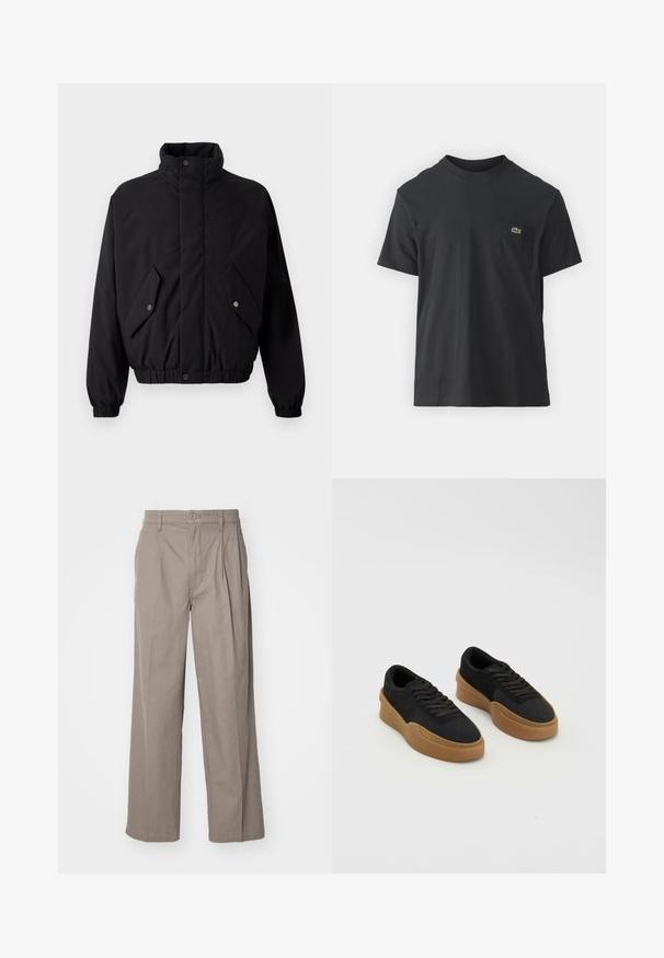 Veste noire matelassée avec col montant, boutons-pression, poignets élastiques et deux poches avant. Présente un logo discret sur la poitrine.; T-shirt en coton noir à manches courtes, col rond, avec un petit logo vert sur la poche gauche de la poitrine. Design simple, coupe regular.; Pantalons larges beiges en mélange de coton, avec des plis et une fermeture à bouton. Texture lisse avec des ourlets cousus.; Lacoste AURA CLUB - Baskets basses - black