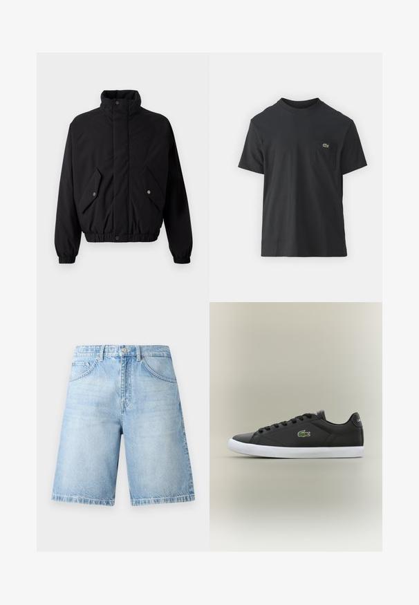 Svart, polstret jakke med høy krage, trykknapper, elastiske mansjetter og to frontlommer. Har et diskret logo på brystet.; Svart bomull t-skjorte med korte ermer, rund hals og en liten grønn logo på venstre brystlomme. Enkelt design, normal passform.; Lyseblå denimshorts med en avslappet passform, fem lommer og stikninger. Stoffer har en klassisk, svakt falmet tekstur.; Svarte lær sneakers med hvit gummisåle, med grønt krokodillelogo og runde snører, elegant design med glatt tekstur.