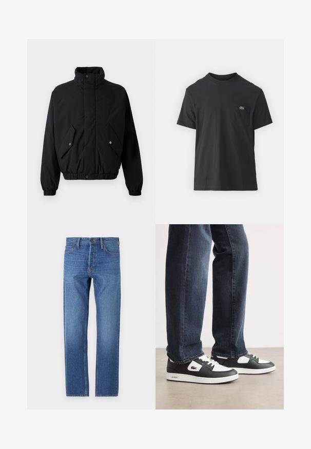 Musta, vuorattu takki, jossa on korkea kaulus, nepparinnit, joustavat hihansuut ja kaksi etutaskua. Rintakehässä on huomaamaton logo.; Mustat puuvillapaidat, joissa on lyhyet hihat, pyöreä pääntie ja pieni vihreä logo vasemmassa rintataskussa. Yksinkertainen muotoilu, normaali istuvuus.; Siniset farkut suoranlahkeisella leikkauksella, klassinen viiden taskun muotoilu, kuparinvärisiä tikkejä ja haalistunut pesu kuluneen ilmeen saamiseksi.; Mustat ja valkoiset Lacoste-tennarit, joissa on teksturoitu nahkapinta, nauhakiinnitys ja valkoinen kumipohja. Yhdistetty tummiin farkkuihin.