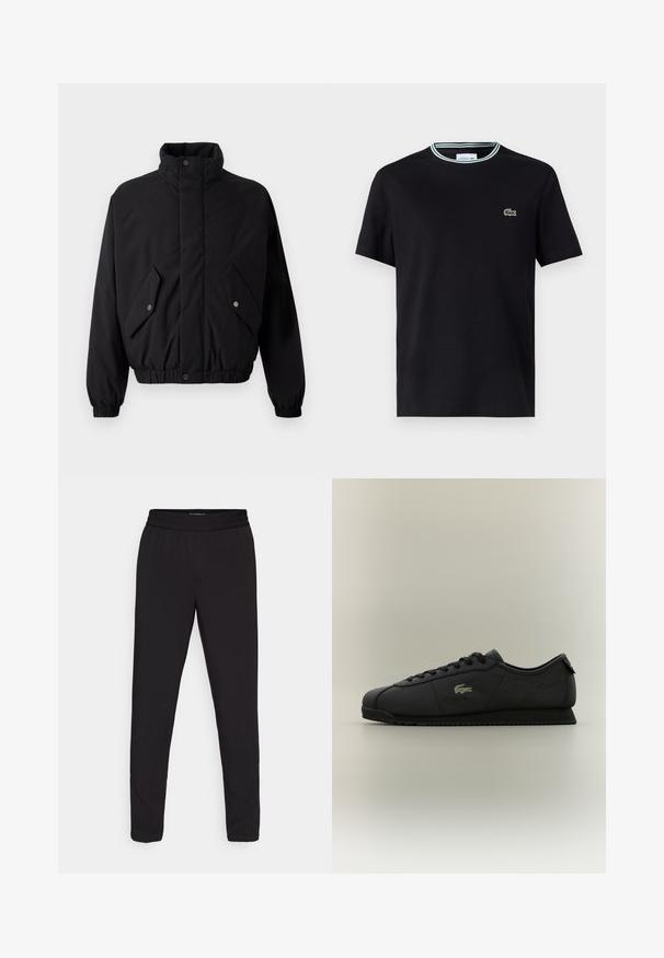 Juodas, paminkštintas švarkas su aukšta apykakle, spaudimo mygtukais, elastinėmis rankovėmis ir dviem priekinėmis kišenėmis. Ant krūtinės matomas subtilus logotipas.; Juodas medvilnės marškinėliai su apvalia iškirpte, su baltomis ir žaliomis juostelėmis, ir išsiuvinėtu žaliu krokodilo logotipu kairiajame krūtinės šone.; Juodos siaurėjančios kelnės su elastinga juosmeniu, pagamintos iš sklandžios, lengvos medžiagos, be matomų raštų ar metalinių detalių.; Juodos žemos klasės sportbačiai su raištelių užsegimu, tekstūruotu padu ir auksiniu krokodilo logotipu šone.