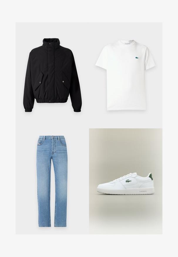 Chaqueta negra acolchada con cuello alto, botones de presión, puños elásticos y dos bolsillos frontales. Presenta un logotipo sutil en el pecho.; Camiseta de algodón blanca con cuello redondo, mangas cortas y un pequeño logo de cocodrilo bordado en verde en el lado izquierdo del pecho.; Jeans de mezclilla azul claro con diseño de pierna recta, cierre de botón, estilo de cinco bolsillos y sutil textura desgastada. Silueta clásica de jeans.; Zapatilla de cuero blanca con un acabado suave, acentos verdes en el talón y un logotipo verde en el lateral. Presenta una suela plana y una puntera redonda.