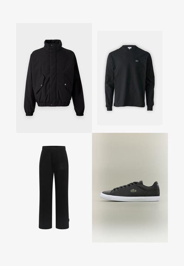 Schwarze, gepolsterte Jacke mit hohem Kragen, Druckknöpfen, elastischen Bündchen und zwei Vorderaschen. Mit einem dezenten Logo auf der Brust.; Schwarzes Langarm-T-Shirt aus Baumwolle, mit Rundhalsausschnitt und einem kleinen grünen, gestickten Krokodil-Logo auf der linken Brust.; Schwarze Jogginghosen aus weichem Material, mit weitem Bein, elastischem Bund und einem strukturierten Logopatch auf der Vorderseite der Tasche.; Schwarze Leder-Sneaker mit weißer Gummisohle, ausgestattet mit einem grünen Krokodil-Logo und runden Schnürsenkeln, elegantes Design mit glatter Textur.