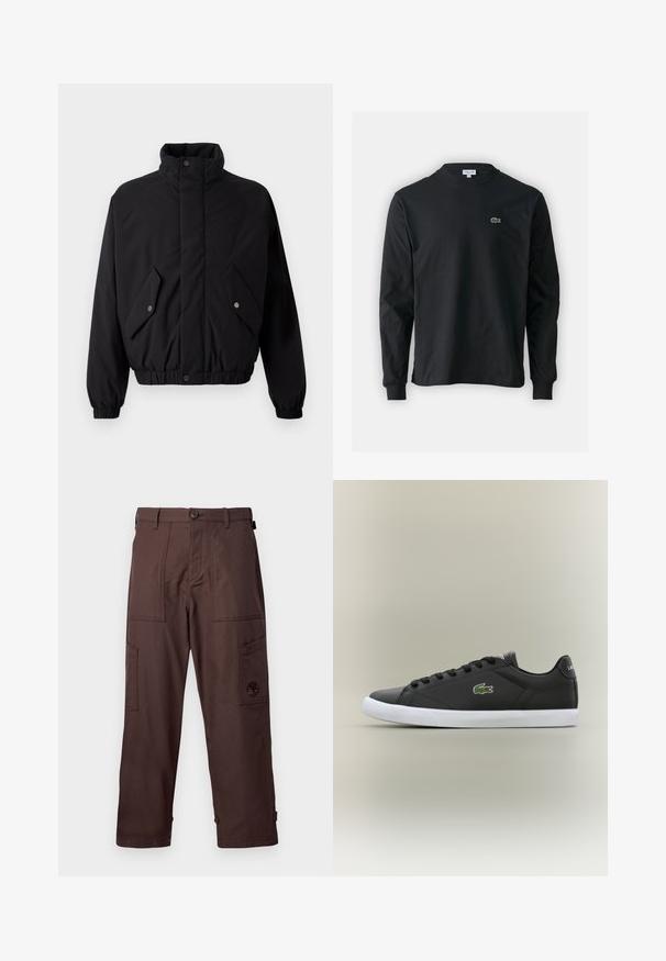 Črn, podložen jakna z visokim ovratnikom, pritisnimi gumbi, elastičnimi manšetami in dvema sprednjima žepoma. Ima subtilen logotip na prsih.; Črna dolgi rokavi majica iz bombaža, z okroglim ovratnikom in majhnim zelenim vezenim logotipom krokodila na levem prsnem delu.; Rjave cargo hlače, izdelane iz trpežnega materiala. Imajo dve stranski žepi, gumb za zapiranje in vezenje logotipa na nogi.; Črne usnjene superge z belo gumijasto podplatom, z zelenim krokodiljim logotipom in okroglimi vezalkami, elegantna zasnova z gladko teksturo.