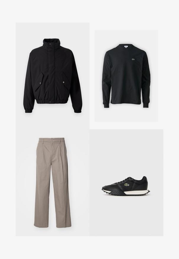 Čierna, polstrovaná bunda s vysokým golierom, cvokovými gombíkmi, elastickými manžetami a dvoma prednými vreckami. Na hrudi má jemné logo.; Čierne tričko s dlhým rukávom vyrobené z bavlny, s okrúhlym výstrihom a malým zeleným vyšívaným logom krokodíla na ľavej hrudi.; Bežové nohavice s širokými nohavicami vyrobené z bavlnenej zmesi, s prehybmi a zapínaním na gombík. Hladká textúra s prešitými okrajmi.; Čierne tenisky s hladkým koženým povrchom, vybavené textúrovanou gumovou podrážkou, bielou medzipodrážkou a zeleným vyšitým logom na boku.