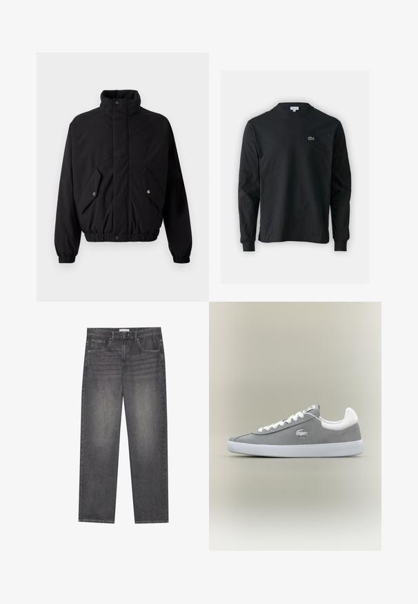 Must Black, polsterdatud jakk kõrge kraega, nööpidega lukustamine, elastsed mansetid ja kaks esikotti. Rinnas on peene logo.; Must musta särk pikad varrukad, valmistatud puuvillast, ümar kaelus ja vasakul rinnal väike rohelise värvi tikandiga krokodillilogoga.; Tumedad hallid džинs подразденииinнари и виишь праканд нарх ялкаал еиргиктр панжии, лашкаай у.Е. нарер летмец вьимиджеч платарам.; Halliga nubukist tennisekingad valge kummist tallaga, nööridega kinnitamine ja tikkimisega logo küljepeal. Minimalistlik disain klassikalise siluettiga.