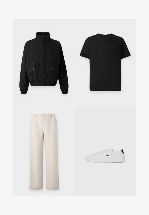 Črn, podložen jakna z visokim ovratnikom, pritisnimi gumbi, elastičnimi manšetami in dvema sprednjima žepoma. Ima subtilen logotip na prsih.; Lacoste Navadna majica - black; Belstaff FORGE - Hlače - stone beige; Bela usnjena tenisa s okroglo sapo, vezavi na sprednji strani in črnim poudarkom na peti. Ima majhen izšit kroko logo na strani.