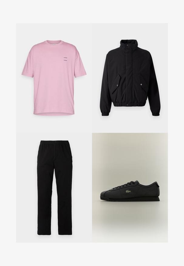 Must Black, polsterdatud jakk kõrge kraega, nööpidega lukustamine, elastsed mansetid ja kaks esikotti. Rinnas on peene logo.; Roosa puuvillane T-särk, millel on mugav lõige, lühikesed varrukad, ümar kaelus ja vasakul rinnal kaks väikest musta trükitud logo.; Mustad mustreid, puuvillast segakanga valmistatud mustad püksid, mis on sirge lõikega, elastse vöökoht ja nööp, ilma nähtavate mustrite või aktsentideta.; Mustad musta värvi madal sneaker, millel on lukk ja paeltega eesosa, tekstureeritud tald ja kuldne krokodillilogo külgedel.