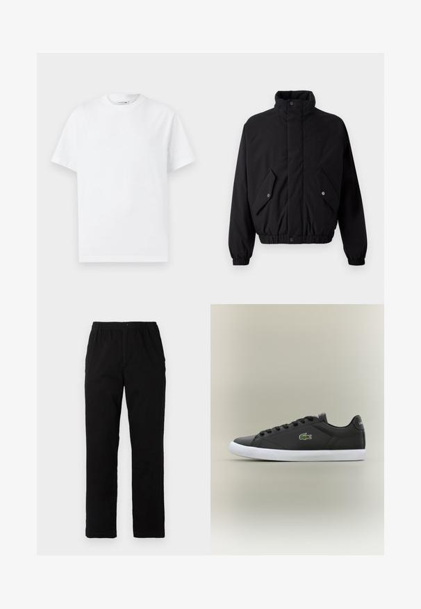 Fekete, párnázott dzseki magas gallérral, patentgombokkal, rugalmas mandzsettákkal és két elülső zsebbels. Diszkrét logó található a mellkason.; Fehér pamut póló klasszikus kerek nyakkal, rövid ujjal és domború "Lacoste Heritage" felirattal az elülső részen. Egyszerű dizájn.; Fekete pamut keverék anyagú nadrág, egyenes szabású, rugalmas derékrésszel és gombbal, látható minták vagy díszítések nélkül.; Fekete bőr sportcipők fehér gumitalppal, zöld krokodil logóval és kerek fűzőkkel, elegáns dizájn sima felülettel.