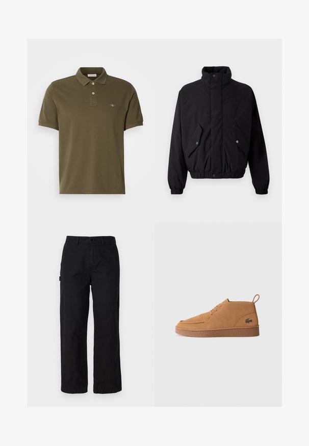 Veste noire matelassée avec col montant, boutons-pression, poignets élastiques et deux poches avant. Présente un logo discret sur la poitrine.; Polo shirt vert olive en coton, avec un col classique, une patte de boutonnage à deux boutons et un petit logo brodé sur la poitrine.; Pantalons cargo en coton noir avec une coupe droite, dotés de poches latérales et d'une fermeture par bouton à l'avant. Tissu durable avec une texture lisse.; Chaussure à lacets cheville en suede marron avec une semelle en caoutchouc et une languette, ornée d'un logo crocodile sur le côté.