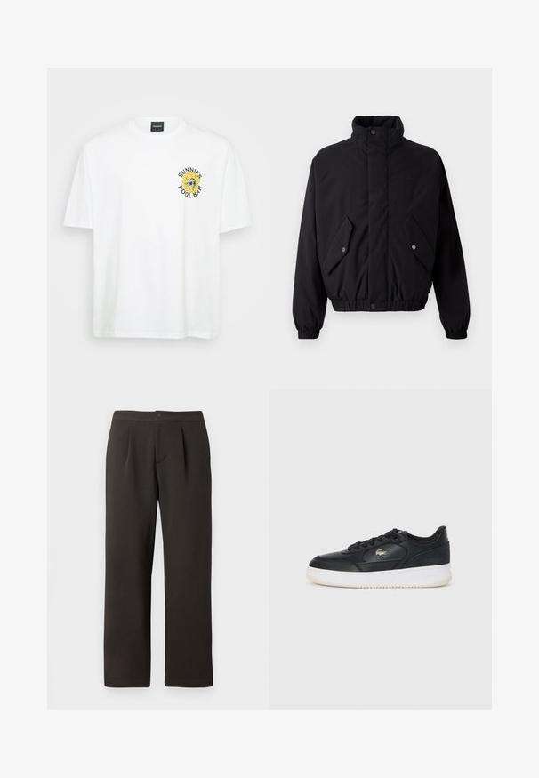 Black, padded jacket with high collar, snap buttons, elastic cuffs, and two front pockets. Features a subtle logo on the chest.; White cotton t-shirt featuring a round neck, short sleeves, and a sunflower graphic with "SUNNIES POOL BAR" text on the left chest.; Dark brown, straight-leg trousers with a flat front, two pleats, and a button closure. Made of smooth fabric with a slight texture.; Black leather sneaker with white sole, featuring a rounded toe, lace-up design, and a subtle logo on the side. Textured upper accents.