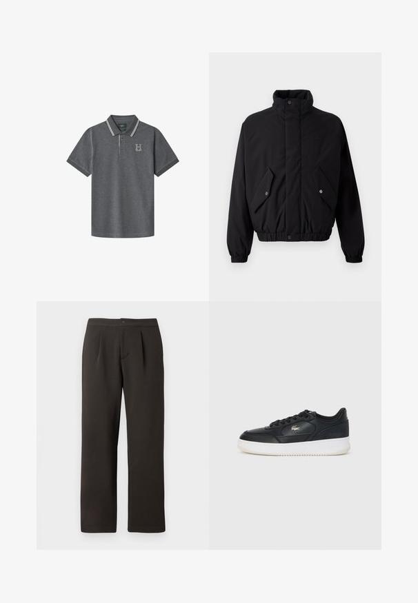 Musta, vuorattu takki, jossa on korkea kaulus, nepparinnit, joustavat hihansuut ja kaksi etutaskua. Rintakehässä on huomaamaton logo.; Harmaa polo-paita, jossa on klassinen kaulus, kaksi nappia ja valkoiset raidat kauluksessa ja hihoissa. Rinnassa brodeerattu "H"-logo.; Tummanruskeat suorat lahkeet, joissa on litteä etuosa, kaksi laskosta ja napin suljenta. Valmistettu sileästä kankaasta, jossa on pieni tekstuuri.; Mustat nahkakengät valkoisella pohjalla, joissa on pyöreä kärki, nauhoitus ja hienovarainen logo sivussa. Rakenteellinen yläosa korostaa kengän tyyliä.