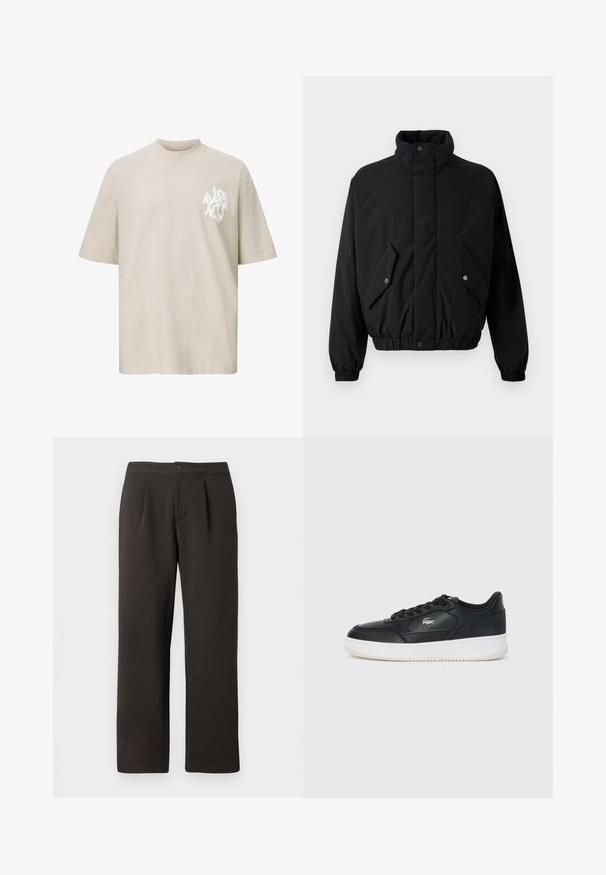 Black, padded jacket with high collar, snap buttons, elastic cuffs, and two front pockets. Features a subtle logo on the chest.; Beige oversized short-sleeve T-shirt with white abstract text logo on the left chest area.; Dark brown, straight-leg trousers with a flat front, two pleats, and a button closure. Made of smooth fabric with a slight texture.; Black leather sneaker with white sole, featuring a rounded toe, lace-up design, and a subtle logo on the side. Textured upper accents.