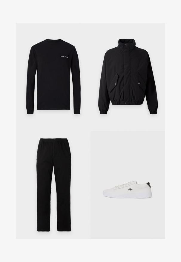 Fekete, párnázott dzseki magas gallérral, patentgombokkal, rugalmas mandzsettákkal és két elülső zsebbels. Diszkrét logó található a mellkason.; Fekete, hosszú ujjú pamut póló, kerek nyakkivágással, amelyen két fehér "SAMSØE" logó nyomat található a bal mellkasi részen.; Fekete pamut keverék anyagú nadrág, egyenes szabású, rugalmas derékrésszel és gombbal, látható minták vagy díszítések nélkül.; Fehér bőr sportcipő kerek orral, fűzős elülső résszel és fekete sarok akcentussal. Oldalán egy kis hímzett krokodil logóval rendelkezik.