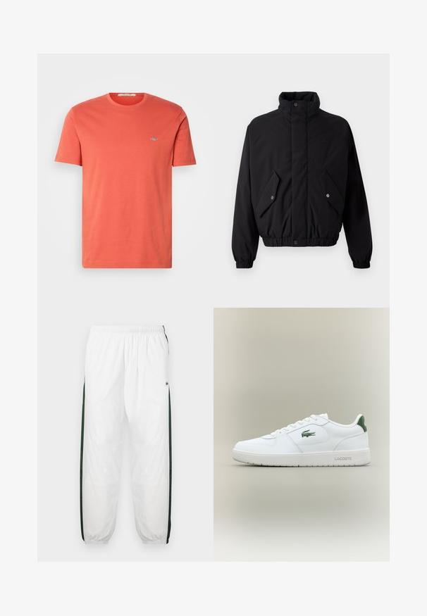 Czarna, pikowana kurtka z wysokim kołnierzem, zatrzaskami, elastycznymi mankietami i dwiema przednimi kieszeniami. Posiada subtelne logo na piersi.; Bawełniana koszulka z krótkim rękawem w kolorze koralowym z okrągłym dekoltem i małym haftowanym logo na piersi. Gładka tekstura i regularny krój.; Białe spodnie dresowe z ciemnozielonymi bocznymi panelami. Lekkie materiały, elastyczny pas i ściągacze u dołu. Zawierają siateczkową teksturę na bokach.; Białe skórzane trampki o gładkim wykończeniu, z zielonymi akcentami na pięcie i zielonym logo z boku. Posiadają płaską podeszwę i okrągły czubek.