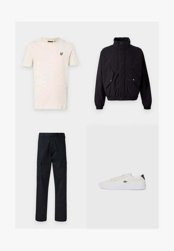 Must Black, polsterdatud jakk kõrge kraega, nööpidega lukustamine, elastsed mansetid ja kaks esikotti. Rinnas on peene logo.; Triibuline T-särk koore- ja helepruunis, ümmarguse kaeluse ja lühikeste varrukatega, vasakul rinnal on väike kollane liblika logo.; Mustad mustad püksid, mis on valmistatud tugevast materjalist, sirge lõikega, kaht küljetaskut ja nööbiga sulgemist vöökoha juures.; Valge nahast tenniseking ümara ninaga, lukkude ja musta kontsa aktsendiga. Külgedel on väike broderi krokodilli logo.