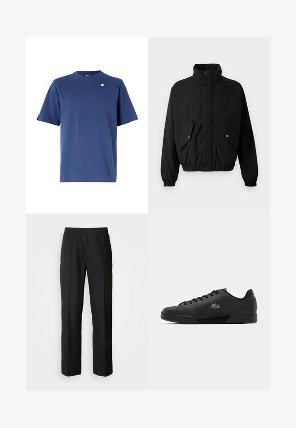 Black, padded jacket with high collar, snap buttons, elastic cuffs, and two front pockets. Features a subtle logo on the chest.; Navy blue cotton t-shirt with a crew neckline, short sleeves, and a small white logo on the left chest. Smooth texture and regular fit.; Black trousers with a straight-leg design, crafted from smooth fabric. Features an elastic waistband and a button closure.; Black sneaker made of smooth leather with round toe, lace-up front, and embroidered green crocodile logo on the side. Rubber sole.