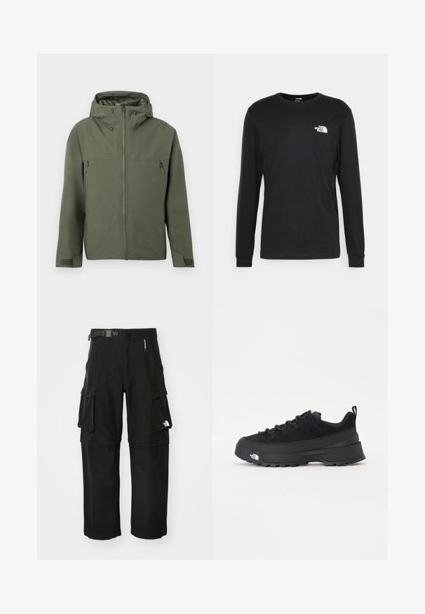 Oliivivihreä takki, jossa on vetoketjusulku, säädettävä huppu ja kaksi vetoketjullista etutaskua. Minimalistinen muotoilu teksturoituneella kankaalla.; Musta pitkähihaine t-paita, joka on valmistettu puuvillasta ja jossa on valkoinen logo vasemmassa rinnassa sekä ribbauskiristykset. Sileä rakenne ja pyöreä kaula-aukko.; Mustat cargo-housut, jotka on valmistettu kestävästä kankaasta, sisältävät useita taskuja, vyön ja logon alareidessä. Suora leikkaus ja sileä pinta.; Mustamustad välisjalanõud suede ülemise, tekstuuriga kummist tallaga ja tugeva paelaga. Varustatud tugevdatud kanna ja brändi logoga külgedel.