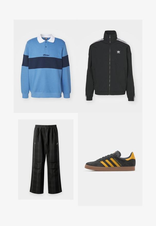 Casaco preto com gola alta, fecho de zíper e dois bolsos laterais. Acentos brancos de três riscas nas mangas e pequeno logo no peito.; Ellesse CIVARO - Camisola - blue/navy; Calças pretas em padrão xadrez com cintura elástica, dois bolsos frontais e um ajuste solto com design de perna reta. Feitas de material leve.; Tenis em camurça preta com detalhes amarelos, apresentando três riscas e uma sola de borracha castanha. Inclui uma língua acolchoada para maior conforto.