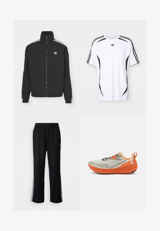 Giacca nera con colletto alto, chiusura con zip e due tasche laterali. Accenti bianchi a tre strisce sulle maniche e piccolo logo sul petto.; T-shirt bianco a maniche corte con dettagli neri ai lati e tre strisce nere sulle spalle. Include un piccolo logo nero sul petto.; Pantaloni da allenamento neri con elastico in vita, dotati di bande laterali bianche e un piccolo logo. Il materiale sembra morbido e leggero.; Altra EXPERIENCE WILD - Scarpe da trail running - gray/orange