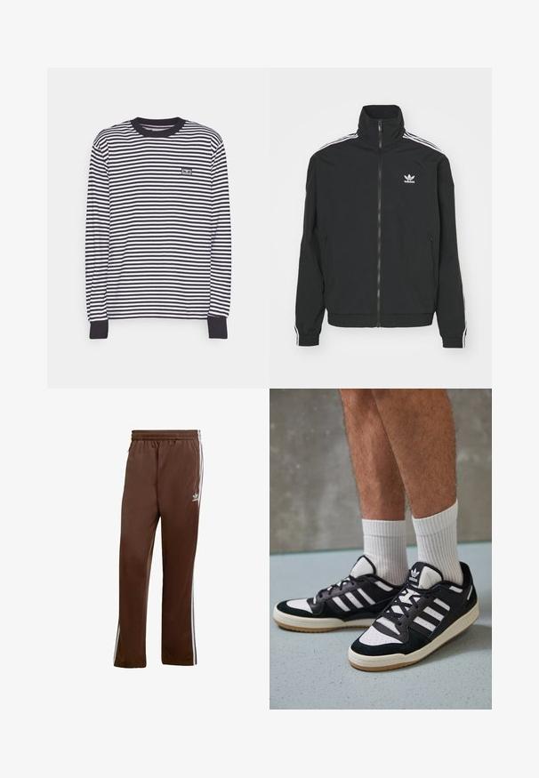 Czarna kurtka z wysokim kołnierzem, zapinana na zamek, z dwoma bocznymi kieszeniami. Białe akcenty w postaci trzech pasków na rękawach oraz małe logo na piersi.; Obey Clothing - Bluzka z długim rękawem; Brązowe spodnie sportowe z gładkiego materiału, z białymi paskami po bokach i elastyczną talią. Zawierają kieszenie po obu stronach.; Czarno-białe sneakersy z zamszową i skórzaną cholewką, z trzema białymi paskami, perforowanym czubkiem i gumową podeszwą w kolorze gumy.
