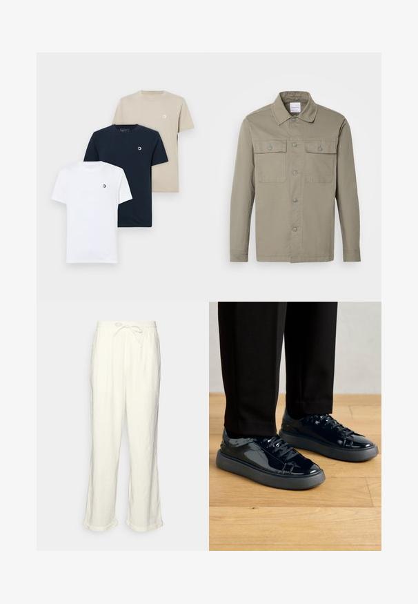 Világos khaki gombos ing, pamut keverékből, hosszú ujjal, két mellzseb flap-pel, klasszikus gallérral, sima textúrával és minimalista dizájnnal.; Három póló: fehér, tengerészkék és bézs. Mindegyik kerek nyakú, rövid ujjú, és kis logó található a bal felső mellrészen. Pamutból készült.; Sötétfehér len nadrág, húzózsinóros derékkal, enyhén bő szárakkal és feltekert szegéllyel a laza illeszkedés érdekében. Zsebek nélkül.; Fekete lakkbőr sportcipők texturált gumitalppal, kerek orral és passzoló fekete fűzőkkel, fekete nadrággal párosítva, egy fa padlón.