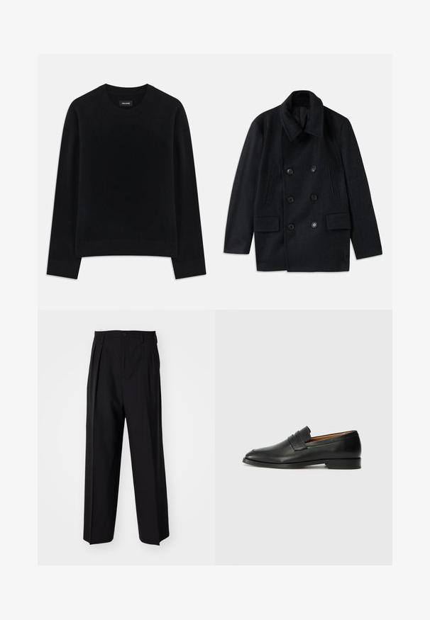 Abrigo de lana negra cruzado con un amplio cuello, dos grandes bolsillos frontales y botones prominentes. Presenta acentos texturizados en los hombros.; Suéter negro hecho de tela suave, con cuello redondo, mangas largas, corte relajado y dobladillo acanalado. Diseño simple y sólido sin patrones.; Pantalones negros plisados con un diseño recto y de pierna ancha. Fabricados en una tela suave, presentan un cierre de botón y trabillas para el cinturón.; Mocasín de cuero negro con punta redonda, detalles de costura sutil y un tacón bajo, que presenta una textura suave y un diseño minimalista.