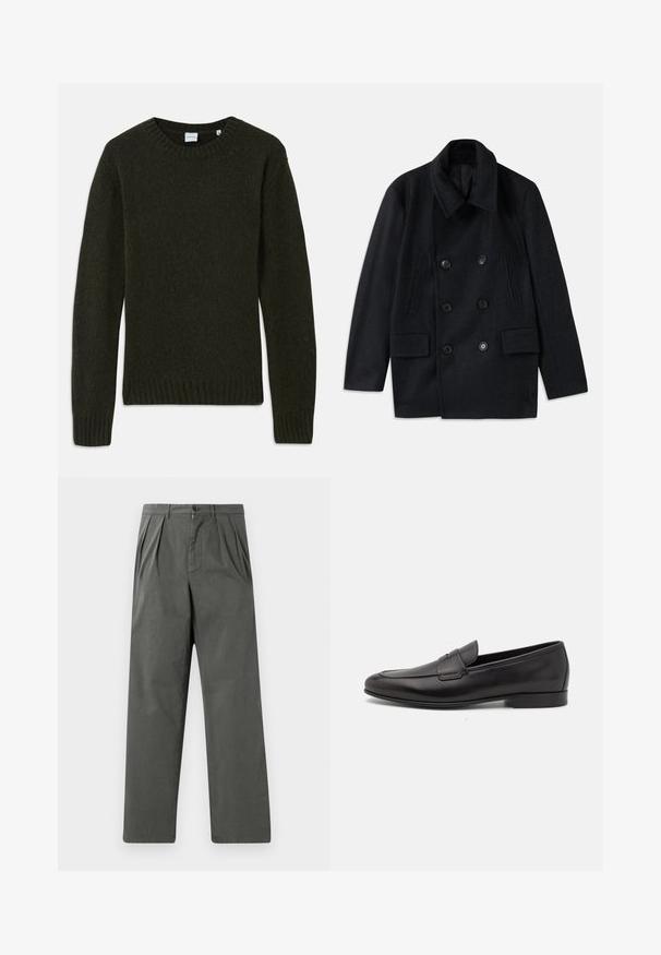 Dubbelzijdige zwarte wollen jas met een brede kraag, twee grote voorzakken en prominente knopen. Bevat getextureerde schouderaccenten.; Donkergroene gebreide trui met een ronde halslijn, geribde manchet en zoom. Zachte textuur, lange mouwen en een eenvoudig ontwerp zonder patronen.; Lichte, geplooide broek in donkergrijs katoen met een rechte pasvorm. Voorzien van een knoopsluiting aan de voorkant en ceintuurlussen.; Zwarte leren herenloafers met een lage hak en een klassiek pennystrap-ontwerp, getoond in zijaanzicht op een witte achtergrond.