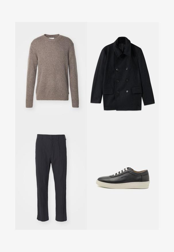 Palton negru din lână, cu două rânduri de nasturi, guler larg, două buzunare mari în față și nasturi proeminenți. Are accente texturate pe umeri.; Pulover din tricot maro, cu guler rotund, mâneci lungi și manșete și tiv ribate, având un finisaj moale și texturat.; Pantaloni negri plisati dintr-un material texturat, cu un design pe picior drept și talie standard. Fără buzunare sau accesorii vizibile.; Sneaker din piele negra cu talpă din cauciuc alb, vârf rotund și sireturi plate, cu detalii de cusătură pe lateral și branding subtil.
