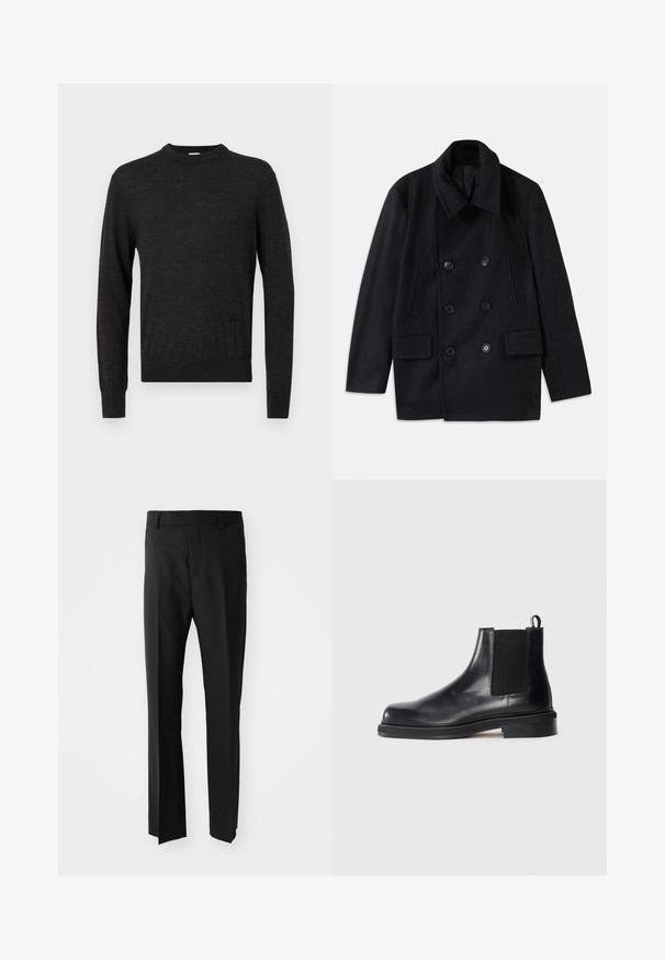 Dwurzędowy czarny płaszcz wełniany z szerokim kołnierzem, dwoma dużymi przednimi kieszeniami i wyraźnymi guzikami. Posiada teksturowane akcenty na ramionach.; Czarny sweter z długim rękawem, z okrągłym dekoltem, wykonany z gładkiego materiału, z subtelnym logo z boku i dopasowaną sylwetką.; Czarne spodnie o prostym kroju, wykonane z gładkiego materiału, z paskiem w szlufkach i bocznymi kieszeniami. Brak widocznych wzorów lub akcentów.; Czarne skórzane botki Chelsea z elastycznym panelem po bokach, okrągłym noskiem, pętelką na pięcie i niską podeszwa na płaskim tle.