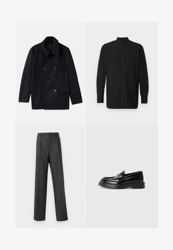 Fekete gyapjú, dupla soros kabát széles gallérral, két nagy elülső zsebbel és kiemelkedő gombokkal. Texturált vállrész díszítéssel rendelkezik.; Fekete hosszú ujjú ing magas gallérral, egyenes szabással és minimalista kialakítással. Az anyag simának és strukturáltnak tűnik.; Szürke, texturált anyagból készült, szabott nadrág, két elülső pliszével és egyenes lábbal. Nincsenek látható zsebek vagy díszítések.; Fekete bőr lóférgek lekerekített orral, a felsőrészen varrott mintázattal és vastag gumitalppal. Simább textúra minimális díszítésekkel.