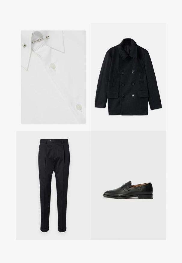 Dvojradový čierny vlnený kabát so širokým golierom, dvoma veľkými prednými vreckami a výraznými gombíkmi. Obsahuje textúrované ramenné akcenty.; Biela bavlnená košeľa s klasickým golierom, gombíkovým zapínaním a kovovým golierom, s hladkým, textúrovaným povrchom.; Čierne nohavice vyrobené zo hladkej látky, s skladom vpredu, zapínaním na gombík a roľovanými manžetami na členkoch.; Čierne kožené mokasíny s okrúhlou špičkou, jemným prešitím a nízkym podpätkom, s hladkou textúrou a minimalistickým dizajnom.