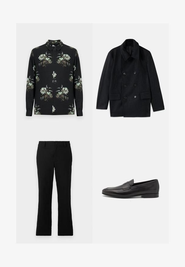Doppelreihiger schwarzer Wollmantel mit breitem Kragen, zwei großen vorderen Taschen und markanten Knöpfen. Verfügt über strukturierte Schulterakzente.; Schwarzes langärmeliges Hemd mit Knöpfen, versehen mit gleichmäßig verteilten grünen und beigen Blumenmustern auf der Vorderseite, den Ärmeln und dem Kragen.; Schwarze, weit geschnittene Hosen aus einem Baumwollgemisch, mit einem Knopfverschluss, Gürtelschlaufen und einer glatten Textur ohne sichtbare Muster.; Schwarze Leder-Herrenloafer mit niedrigem Absatz und klassischem Penny-Riemen-Design, seitlich auf einem weißen Hintergrund dargestellt.