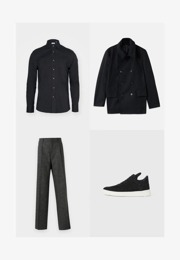 Kaksirivinen musta villakangastakki, jossa on leveä kaulus, kaksi suurta etutaskua ja näyttävät napit. Sisältää teksturoidut olkapäät.; Mustapaita, jossa on pitkät hihat ja klassinen kaulus. Valmistettu sileästä kankaasta, jossa on etunapit ja pyöristetyt hihansuut.; Harmaat räätälöidyt housut, jotka on valmistettu teksturoidusta kankaasta, ja niissä on kaksi etutaskua ja suora lahjemuoto. Ei näkyviä taskuja tai koristeluja.; Mustat mokkasiinikenkiä valkoisella kumipohjalla, jossa on sävy sävyyn ompelu ja nauhakiinnitys. Sujuva pinta ja moderni, virtaviivainen muoto.