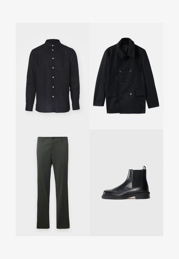 Palton negru din lână, cu două rânduri de nasturi, guler larg, două buzunare mari în față și nasturi proeminenți. Are accente texturate pe umeri.; Cămașă neagră cu mânecă lungă din țesătură de in, cu un guler clasic și nasturi albi pe față, având o textură netedă și o croială lejeră.; Pantaloni formali verde închis, cu bucle pentru brâu, închidere cu nasture în față și croială dreaptă.; Botină Chelsea din piele neagră, cu panou elastic pe lateral, vârf rotund, mânere la călcâi și brant mic pe un fundal simplu.