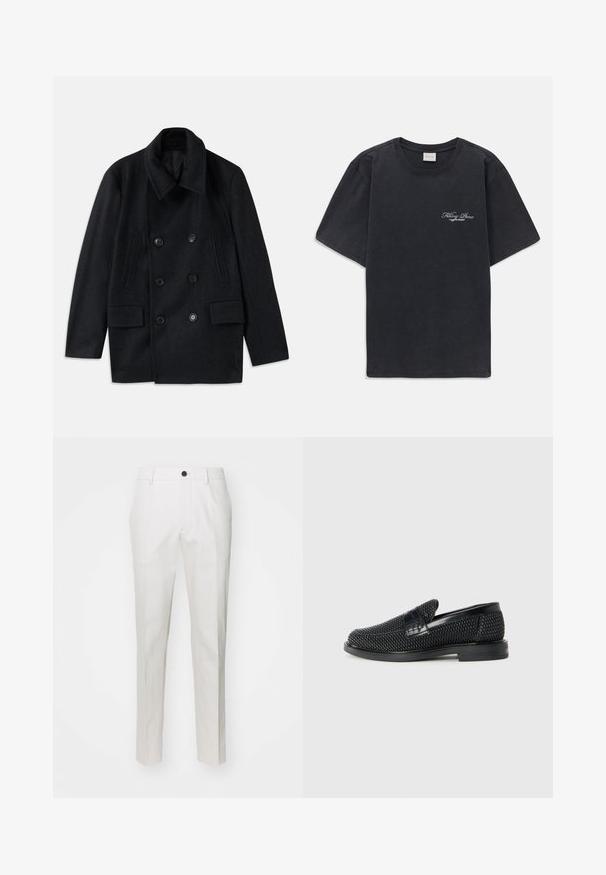 Divkāršu melna vilnas mēteles ar plašu apkakli, divām lielām priekšējām kabatām un izteiktiem pogām. Iezīmēts ar strukturāliem plecu akcentiem.; Melna īsās piedurknes T-kreklā ar mazu balto "Filling Pieces" tekstu logotipu uz kreisā krūšu.; Baltas bikses, izgatavotas no gludas auduma, ar taisno kāju griezumu, ar vienu melnu pogu jostasvietā un sānu kabatām.; Melnas austas slaidu kurpes ar gludu ādas akcentu augšpusē, apaļas formas purngalu un zemas profila gumijas zoli.