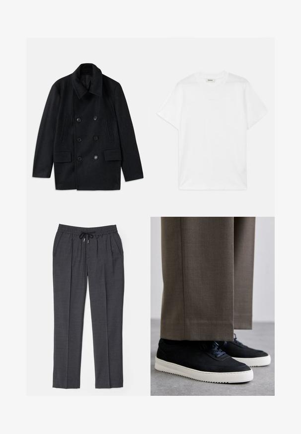 Dubbelknäppt svart ullkappa med bred krage, två stora framfickor och framträdande knappar. Har texturerade axelaccenter.; Vit bomull t-shirt med rund hals, korta ärmar och en subtil logotyp tryckt på framsidan. Slät textur och enkel design.; Mörkgrå elastiska midjebyxor med svart dragsko, sidofickor och rak benutskärning.; Svarta mockaskor med vita gummi-sulor, med rund tå och snören, bärs tillsammans med grå skräddarsydda byxor.