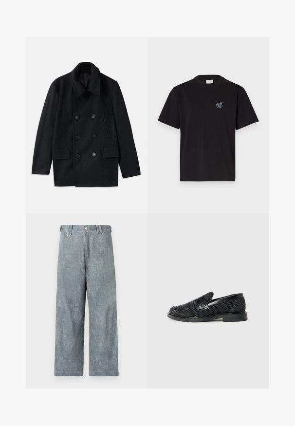 Double-breasted black wool coat with a wide collar, two large front pockets, and prominent buttons. Features textured shoulder accents.; Black cotton t-shirt with a crew neck and short sleeves. Features a small blue logo on the left chest. Simple, straight-cut design.; Light gray denim wide-leg pants with a textured finish, featuring a button closure, belt loops, and a slightly faded appearance.; Black woven slip-on shoe with a smooth leather accent on the upper, a round toe design, and a low-profile rubber sole.