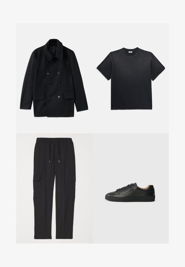 Doppelreihiger schwarzer Wollmantel mit breitem Kragen, zwei großen vorderen Taschen und markanten Knöpfen. Verfügt über strukturierte Schulterakzente.; Schwarzes Baumwoll-T-Shirt mit rundem Ausschnitt und kurzen Ärmeln. Verfügt über eine lockere Passform, eine glatte Textur und ein minimalistisches Design.; Schwarze Cargo-Hosen aus weichem Stoff, mit elastischem Bund und Kordelzug, zwei Seitentaschen und zwei Seitencargotaschen.; Schwarze, niedrig geschnittene Ledersneaker mit strukturierter Oberfläche, schwarzen Schnürsenkeln und dicker Gummisohle, seitlich auf einem hellen Hintergrund dargestellt.