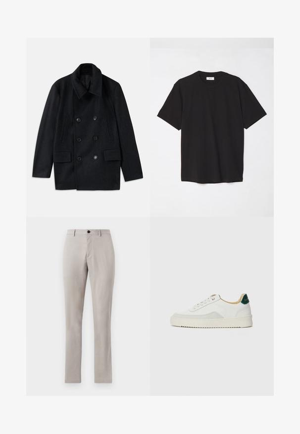 Fekete gyapjú, dupla soros kabát széles gallérral, két nagy elülső zsebbel és kiemelkedő gombokkal. Texturált vállrész díszítéssel rendelkezik.; Fekete pamut póló kerek nyakkal, rövid ujjakkal és laza szabással. Egyszerű dizájn, sima textúra, látható minták vagy logók nélkül.; Világosszürke, fazonra szabott nadrág sima textúrával, gombos záródással és egyenes lábakkal. Nincsenek látható zsebek vagy minták.; Fehér sneaker suédé részletekkel, kerek orral, lapos fűzőkkel és krémszínű gumitalppal. Zöld logó található a sarkán.