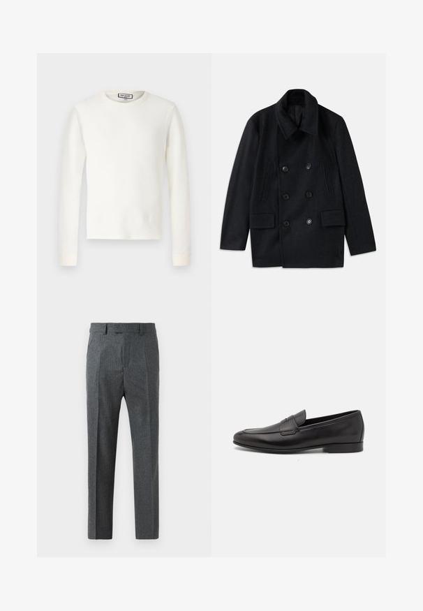 Double-breasted black wool coat with a wide collar, two large front pockets, and prominent buttons. Features textured shoulder accents.; White long-sleeve thermal top with a ribbed texture, crew neck, and banded cuffs. Clean design with no patterns or additional accents.; Gray tailored trousers with a fine check pattern, straight leg design, and a smooth fabric texture. Features belt loops and a zip fly.; Black leather men's loafer with a low heel and a classic penny strap design, shown in side profile on a white background.
