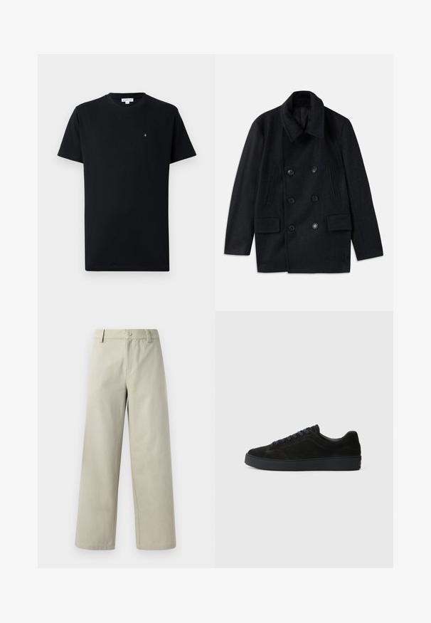 Juodasis dviejų eilių vilnos paltas su plačiu atlapu, dviem didelėmis priekinėmis kišenėmis ir išryškintais mygtukais. Su tekstūriniais peties akcentais.; Juodas trumpomis rankovėmis medvilnės marškinėliai, turintys apvalų kaklą ir mažą apvalų logotipą ant krūtinės. Lygus paviršius.; Han Kjøbenhavn WIDE LEG - Kelnės - light grey; Juodos suedinės sportbačiai su plokščiu, tekstūriniu padu, apvaliu pirštu, šešiais skylutėmis raištams ir minimalistišku dizainu.