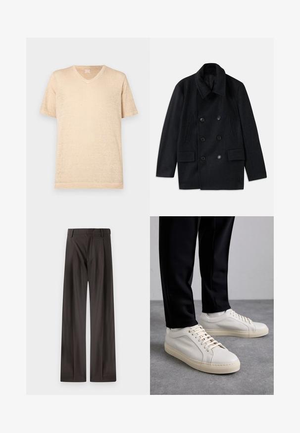 Dobbeltbrystet sort uldfrakke med bred krave, to store forlommer og fremtrædende knapper. Har teksturerede skulderindlæg.; Beige kortærmet V-hals T-shirt lavet af let, struktureret stof; har en afslappet pasform og minimale syninger.; Bredde ben bukser i mørkebrunt stof. Har en glat tekstur, struktureret talje og subtile forknyttede folder.; Lys beige lædersneakers med flade snørebånd, en tekstureret overflade og en kontrasterende cremelilla gummisål, båret med sorte tapered bukser.