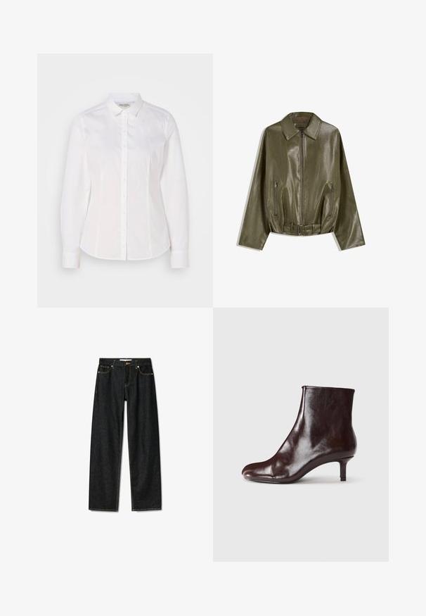 Olíva zöld bőrkabát fényes felülettel, elülső cipzárral, két cipzáras oldalsó zsebbel és övvel ellátott derékkal.; Fehér, sima pamutból készült, klasszikus gallérral, hosszú ujjakkal rendelkező ing, amelyen diszkrét logó található a mellrészen. Elöl gombos záródással rendelkezik.; Sötét farmernadrág egyenes szabással, réz gombos záródással és kontrasztos sárga varrással. Öt zsebbel és klasszikus fazonnal rendelkezik.; Barna bőr bokacsizma karcsú dizájnnal, hegyes orral és vékony, rövid sarokkal. Simább textúra minimális díszítéssel.