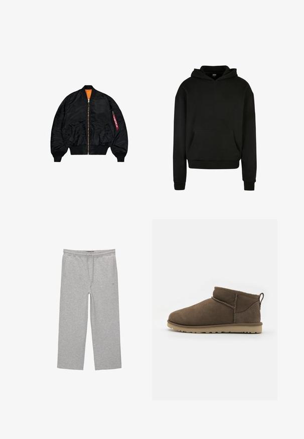 Czarna kurtka bomberka o gładkim wykończeniu, pomarańczowe podszewka, zamek błyskawiczny, ściągacze na rękawach oraz zewnętrzna kieszeń na zamek z czerwoną przetarą.; Czarna bluza z kapturem wykonana z miękkiego materiału, z przednią kieszenią, ściągaczami przy mankietach i luźnym krojem.; Szare bawełniane spodnie dresowe z elastycznym pasem, sznurkiem i dwoma bocznymi kieszeniami; prosty krój nogawki, miękka tekstura, bez wzorów.; Krótki brązowy zamszowy botek za kostkę z okrągłym noskiem, odsłoniętymi szwami i teksturowaną, lekką gumową podeszwą, wyposażony w pętelkę z tyłu.