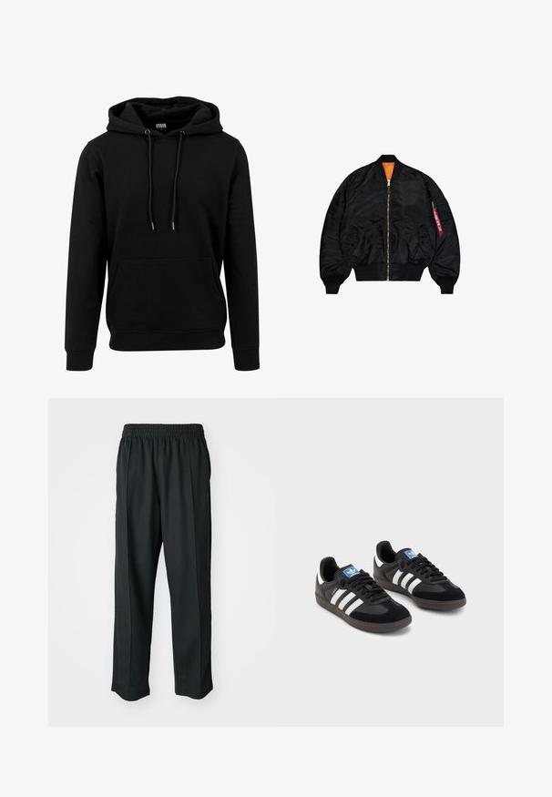 Černá bomber bunda s hladkým povrchem, oranžovým podšívem, zipovým zapínáním, žebrovanými manžetami a vnější kapsou na zip s červeným táhlem.; Černá mikina s kapucí vyrobena z měkké tkaniny, obsahující velkou přední kapsu, šňůrky a žebrované manžety a lem. Jednoduchý design v jedné barvě.; Černé sportovní kalhoty s elastickým pasem, vyrobené z hladké látky, s jemným bočním švem a pohodlným střihem, rovný střih nohavic.; Černé tenisky s vrškem z semiše a syntetického materiálu, s třemi bílými pruhy, texturovanou gumovou podrážkou a modrou nášivkou loga na jazyku.