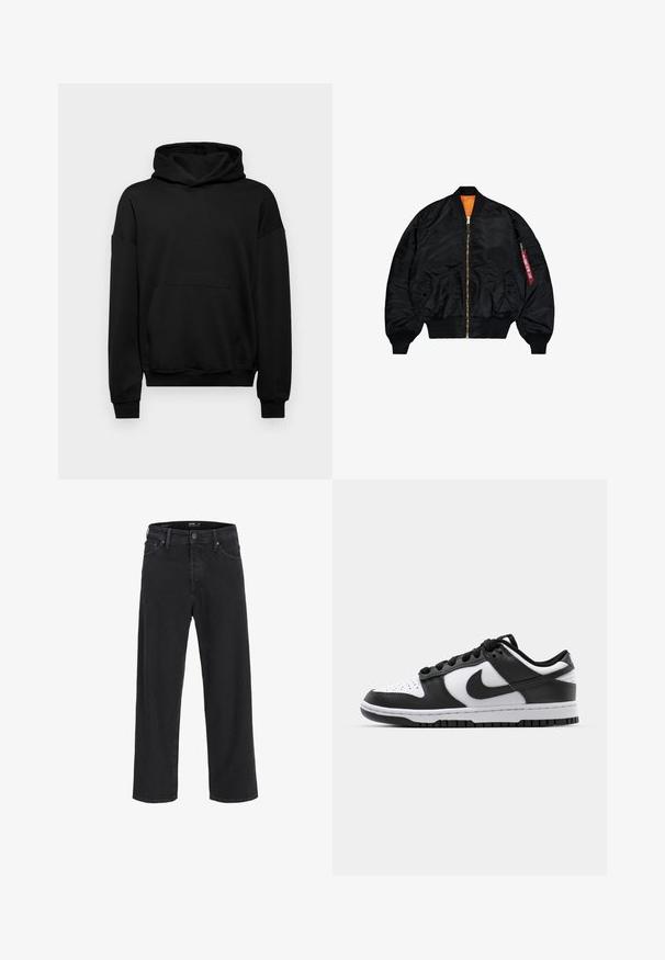 Casaco bomber preto com um acabamento suave, forro laranja, fecho de zip, punhos canelados e um bolso externo com fecho de zip e um puxador vermelho.; Sweatshirt preto feito de uma mistura de algodão, com um grande bolso frontal, punhos canelados e capuz com cordão. Design simples e sem adornos.; Calças de ganga pretas de perna reta com fecho de botão e zíper, passantes para cinto e bolsos frontais e traseiros.; Tênis Nike Dunk em preto e branco com cabedal em couro, ponta perfurada, atacadores pretos e sola de borracha preta com design de rasto.