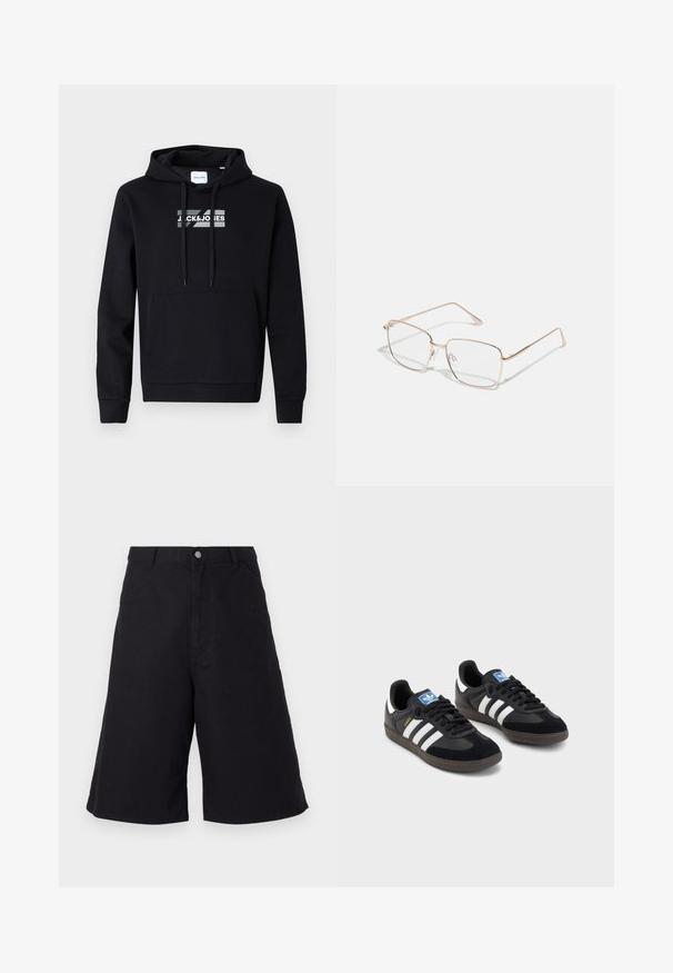 Zwarte bomberjack met een soepele afwerking, oranje voering, ritssluiting, geribde manchetten en een externe ritszak met een rode trekband.; Zwarte hooded sweatshirt van zacht materiaal, met een voorzak in kangoeroestijl en een bedrukte logo op de borst. Lange mouwen met ribgebreide boorden.; Zwarte katoenen shorts met een rechte snit, voorzien van zijzakken, een knoopsluiting en een textuur die geschikt is voor casual dragen.; Zwarte sneakers met een bovenwerk van suède en synthetisch materiaal, voorzien van drie witte strepen, een gestructureerde rubberen zool en een blauw logo-label op de tong.; Rechthoekige brillen met dunne rosegouden metalen monturen. De lenzen zijn helder en de pootjes zijn slank met een subtiele scharnierdetail.; Zwarte leren reistas met ronde handvatten, een afneembare schouderriem en subtiele stikdetails. Soepele textuur en praktisch ontwerp.