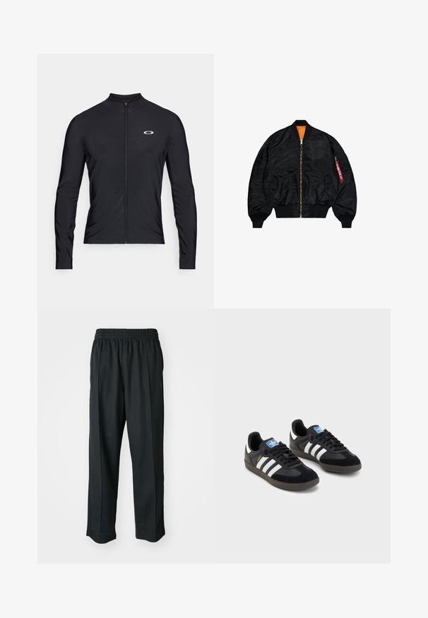 Veste bomber noire avec une finition lisse, doublure orange, fermeture éclair, poignets côtelés et une poche zippée externe avec un tirette rouge.; Chemise noire à manches longues avec zip, en tissu léger ; elle possède un col rond et un petit logo imprimé sur le côté supérieur gauche.; Pantalons de sport noirs avec une taille élastique, fabriqués en tissu lisse, présentant des coutures latérales discrètes et une coupe décontractée, avec un design à jambes droites.; Des baskets noires avec une tige en suède et en matériaux synthétiques, dotées de trois rayures blanches, d'une semelle en caoutchouc texturé et d'une étiquette de logo bleue sur la languette.